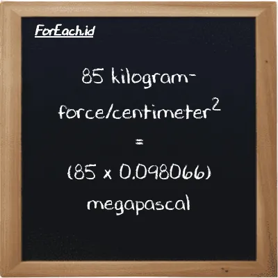 How to convert kilogram-force/centimeter<sup>2</sup> to megapascal: 85 kilogram-force/centimeter<sup>2</sup> (kgf/cm<sup>2</sup>) is equivalent to 85 times 0.098066 megapascal (MPa)